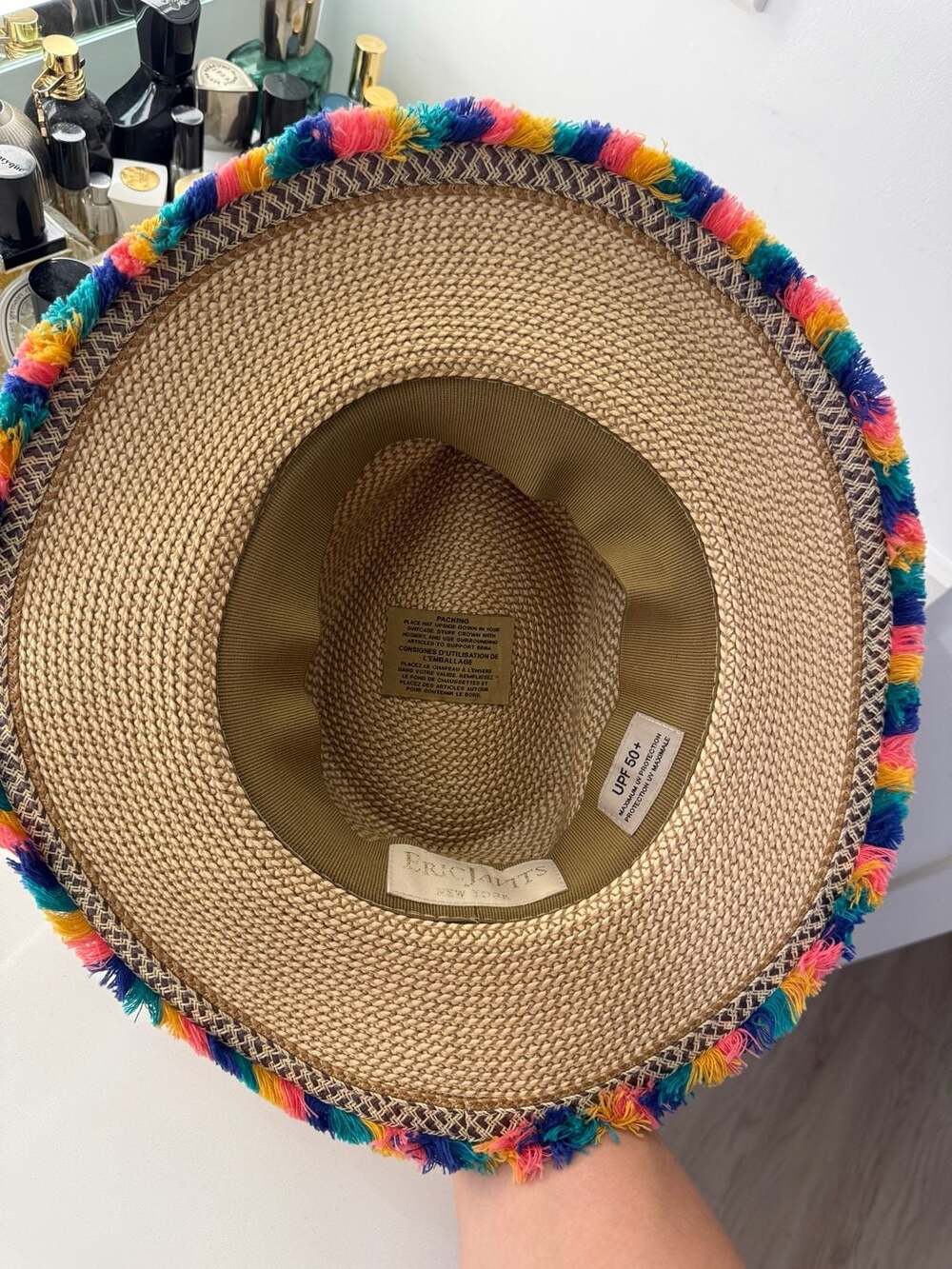 Eric Javits Straw Fedora Hat with Multicolor Pom Pom Trim UPF 50+ - Picture 3 of 5